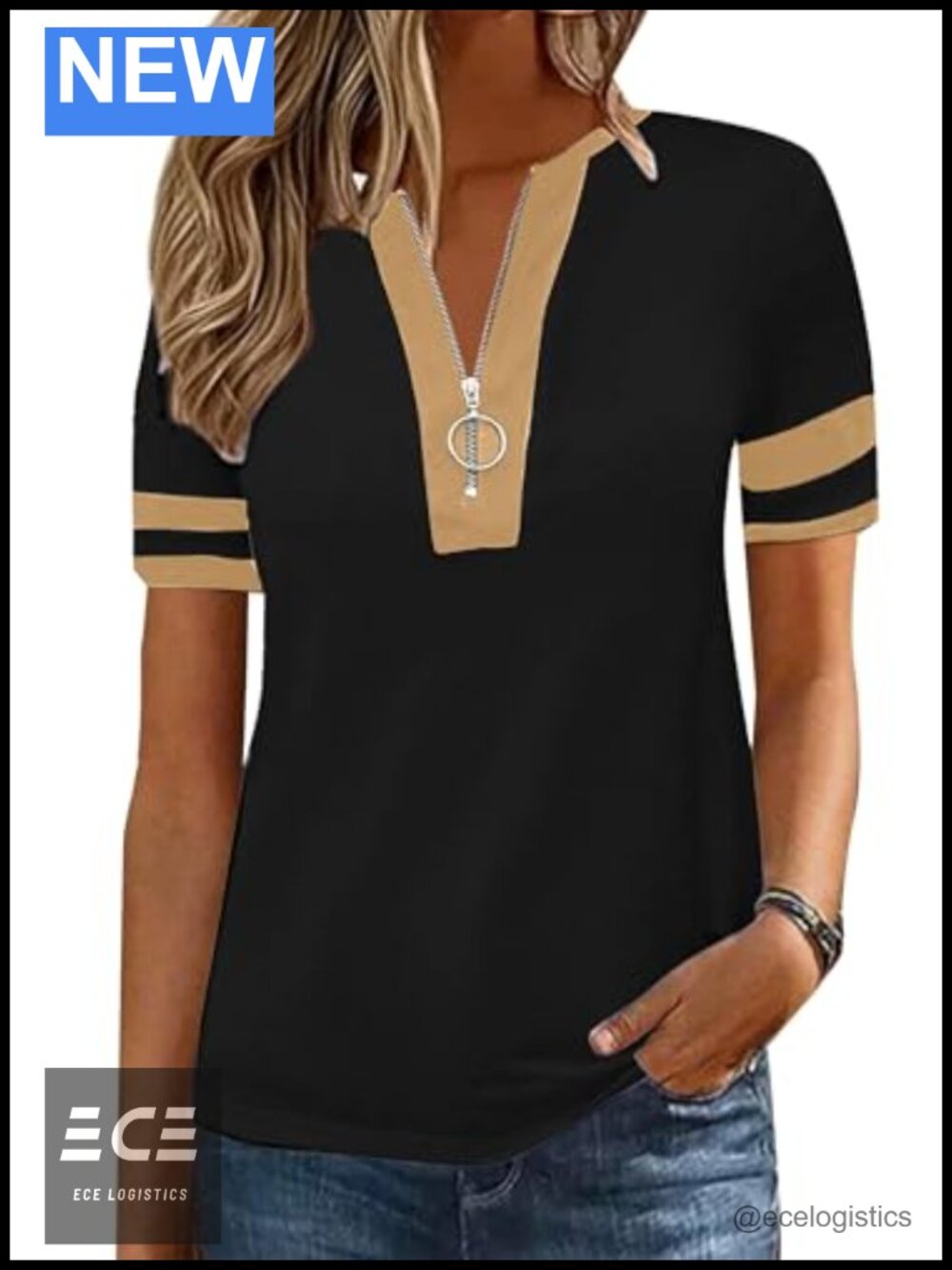 Hilinker Women's Short Sleeve Zip V-Neck T-Shirt Color Block Casual Loose Fit